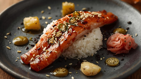 Salmon sushi with rice, pickled cucumber and sesame seedsの素材