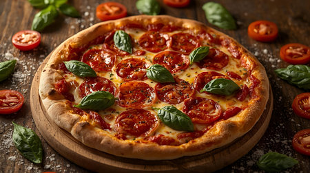Pizza with mozzarella cheese, tomatoes and basil on wooden tableの素材