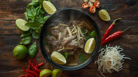 Thai spicy noodle soup with pork and vegetables on wooden backgroundの素材