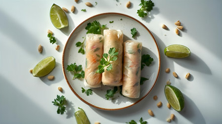 Rolls of spring rolls on a plate with lime and parsleyの素材