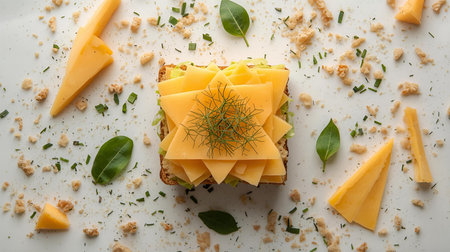 Delicious canape with cheese on white plate, top view. Delicious snackの素材