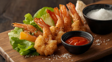 Fried Shrimps on wooden board with sauce, closeupの素材