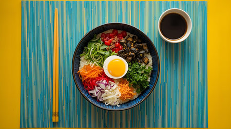 Buddha bowl with rice, vegetables, egg and coffee on blue backgroundの素材
