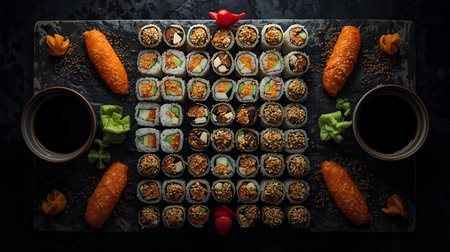 Sushi set on black stone background. Top view, copy spaceの素材