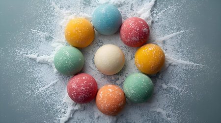 Colorful Easter eggs and flour on light blue background, top viewの素材