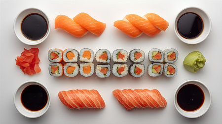 Sushi set on white background, top view. Japanese food.の素材