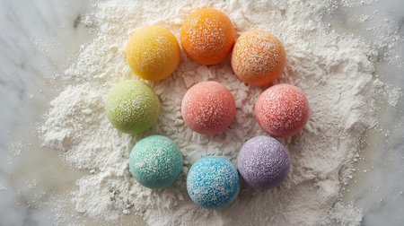 Top view of multicolored Easter eggs in flourle backgroundの素材