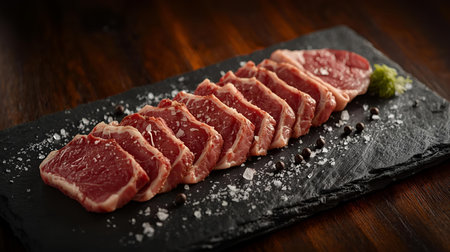 raw sliced beef on a black slate plate on a dark wooden backgroundの素材