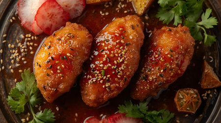 Baked chicken wings in sweet and sour sauce with sesame seedsの素材