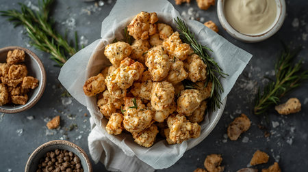 Homemade baked cauliflower croutons with herbs and sour creamの素材