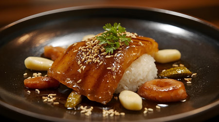 Japanese cuisine, eel with rice and garlic on a black plateの素材