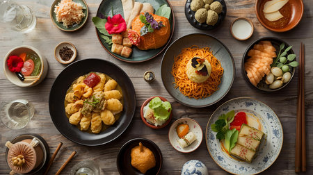 Traditional chinese food on a wooden table. Top view, flat layの素材
