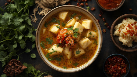 Traditional indian kharcho soup served with rice and chilliの素材