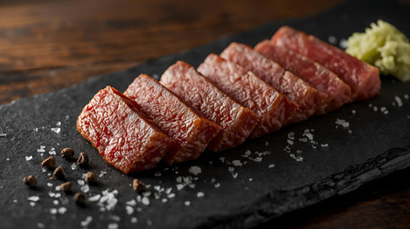 Raw beef steak on a slate plate with spices and herbs on wooden backgroundの素材