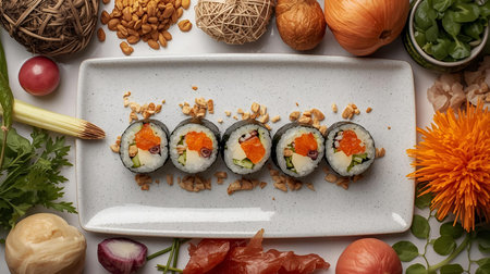 Sushi rolls on a white plate, top view. Japanese foodの素材