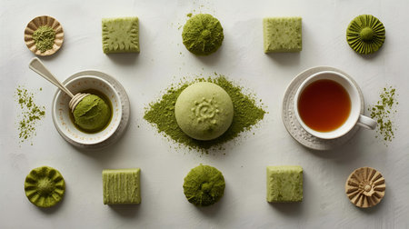 Green tea matcha and Japanese sweets on a white background, top viewの素材