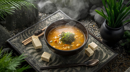 Japanese miso soup with tofu and vegetables in a bowl on the tableの素材