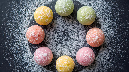 Variety of multicolored macaroons on a black backgroundの素材