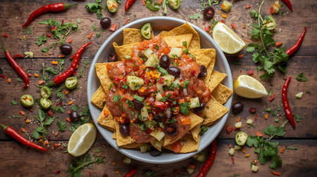 Nachos with salsa, guacamole and chilliの素材