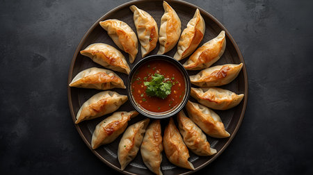 Traditional georgian dumplings khinkali with tomato sauce on dark backgroundの素材