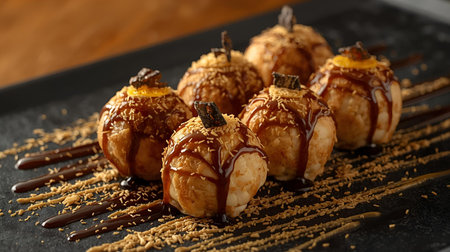 baked apples with caramel sauce on a black plate, close-upの素材