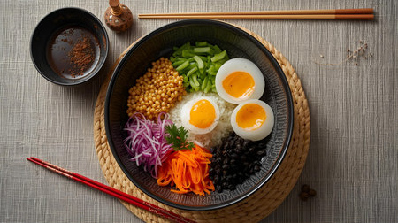 Bibimbap, Korean traditional food, rice noodles with boiled eggs and vegetablesの素材