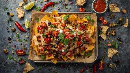 Mexican nachos with salsa, guacamole, cheese and chilliの素材