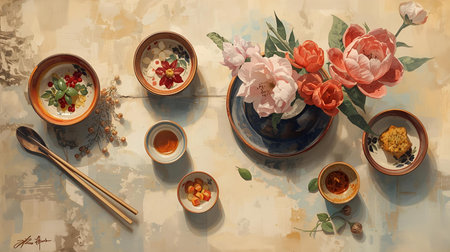 Top view of cup of tea with teapot, spoon and flowers on the tableの素材