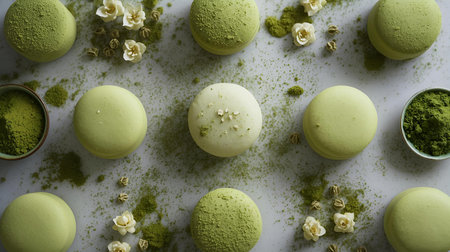 Green tea macaroons and powder on white background, top viewの素材