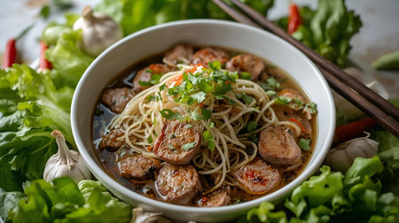 Asian noodle with pork and vegetables in a bowl on the tableの素材