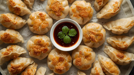 Fried dumplings with soy sauce on a plate, top viewの素材
