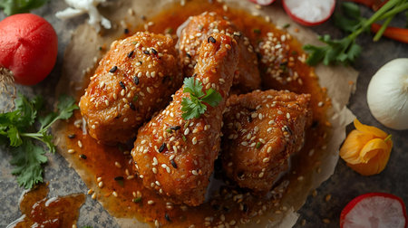 Tasty chicken meatballs with sesame seeds on table, closeupの素材