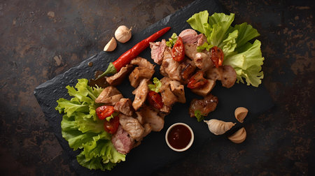 Skewers of pork with vegetables on a black slate plateの素材