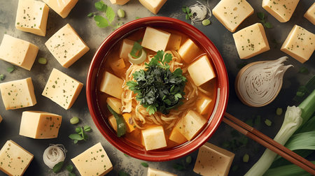 Japanese miso soup with tofu and chopsticks on grey background, top viewの素材