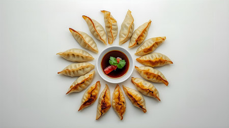 Fried dumplings with soy sauce on a white background.の素材