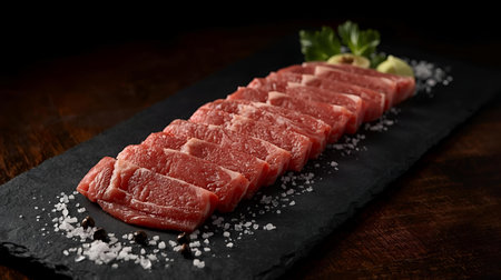 Raw beef sashimi on a black slate plate on a dark wooden backgroundの素材