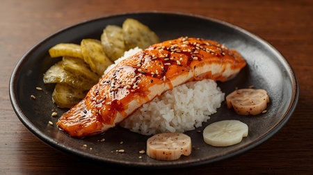 grilled salmon with rice and pickles - japanese food styleの素材
