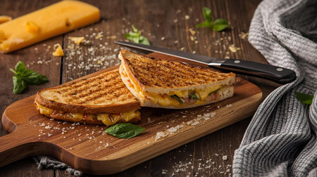 Homemade panini with cheese and herbs on a wooden board.の素材
