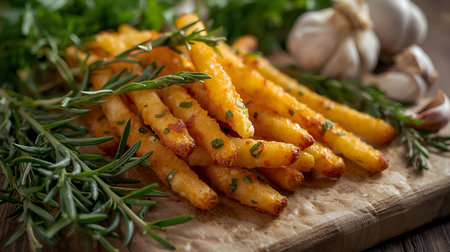 French fries with rosemary and garlic on a wooden cutting board.の素材