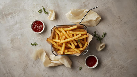 French fries with ketchup and herbs on a light background, top viewの素材