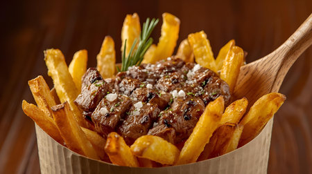steak with french fries on a wooden table, close-upの素材