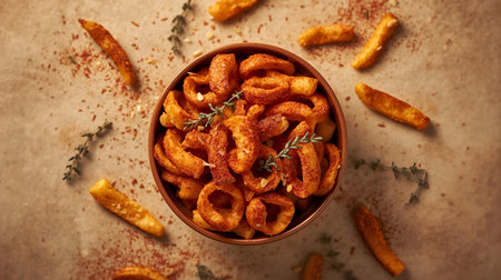 Bowl of deep fried onion rings with thyme on rustic backgroundの素材