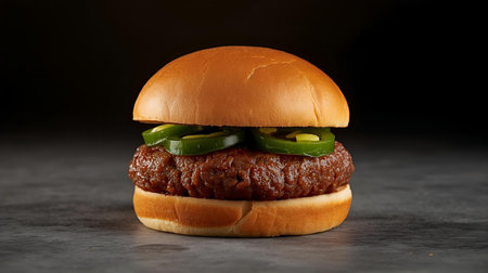 Beef burger with green pepper on a black background, close-upの素材