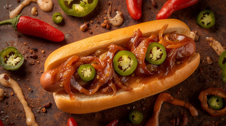 Hot dog with jalapeno and chilli pepper on rustic backgroundの素材