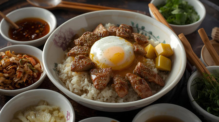 Rice with pork and egg in bowl on wooden table background.の素材