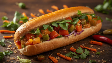 Hot dog with vegetables and herbs on wooden table, close-upの素材