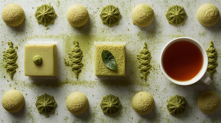 Green tea and macaroons on a white background, top viewの素材