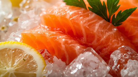 Salmon sashimi on ice with lemon and parsley.の素材