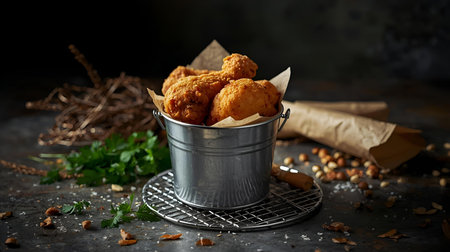 Homemade fried chicken nuggets in a metal bucket on a dark backgroundの素材