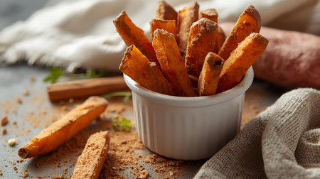 Baked sweet potato sticks with cinnamon, selective focus, toned imageの素材